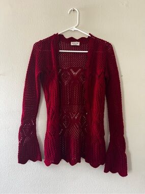 MKM Designs Open Knit Burgundy Cardigan with Scalloped Edges